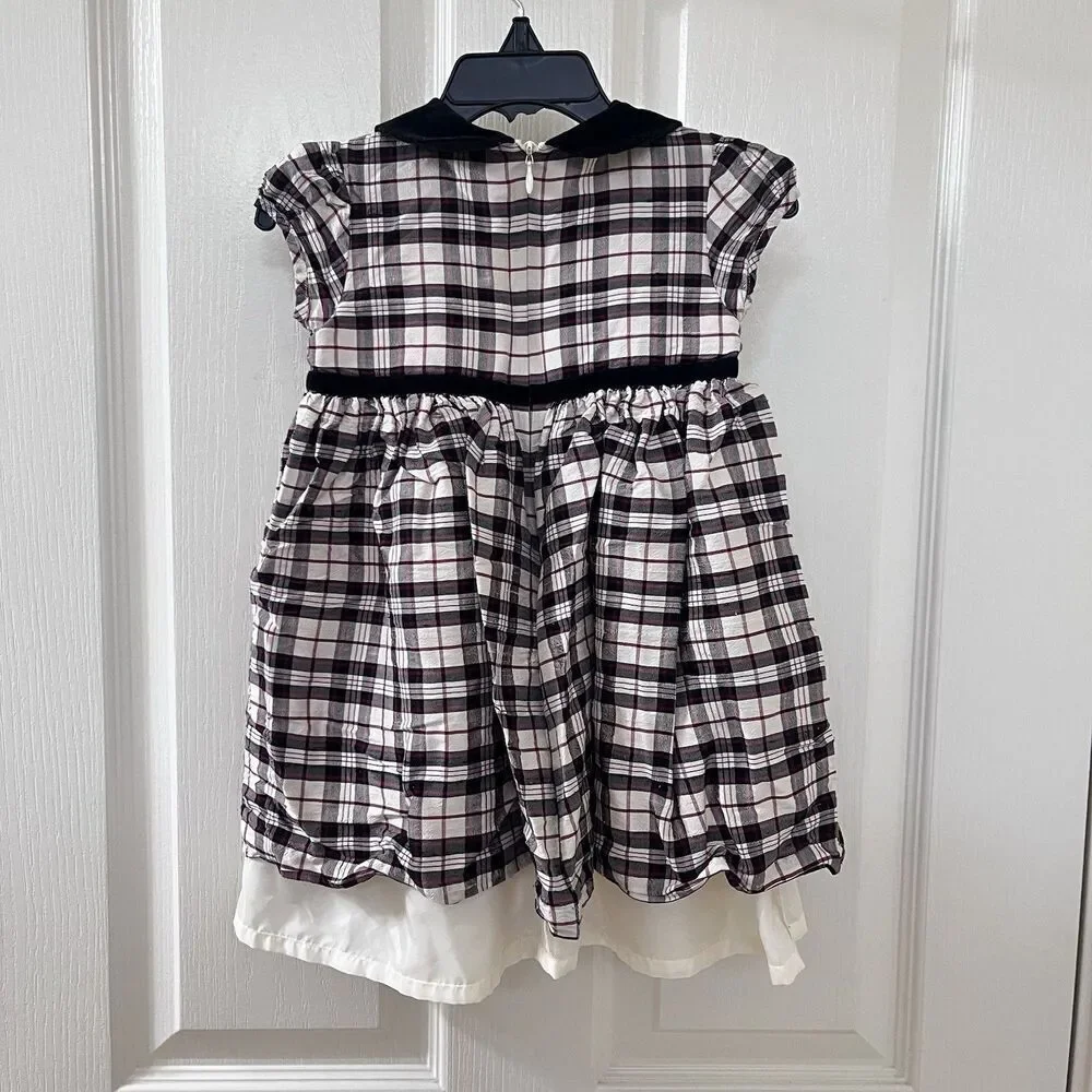 Vintage Gymboree Plaid Silk Dress Velvet Peter Pan Collar Girls SZ 18-24 Months